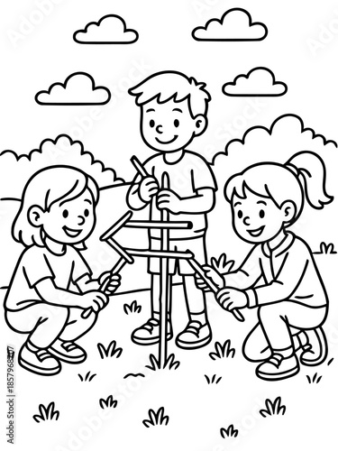 Joyful Youngsters Cooperating: Three enthusiastic children collaborate on a craft project, constructing a whimsical creation amidst a sunny outdoor setting. 