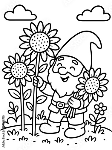 Happy Gnome Amidst Sunflowers: A cheerful gnome stands in a field of towering sunflowers, with a friendly grin on his face. He holds a single bloom in his hand and enjoying garden life