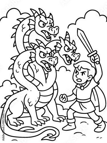 Mythic Showdown: A valiant hero faces a fearsome multi-headed dragon in a thrilling battle of courage and might, set against the backdrop of a fantastical realm.