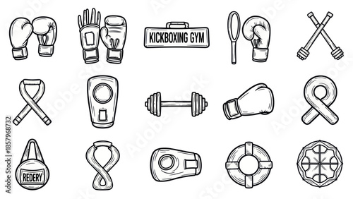 Boxing and kickboxing equipment set isolated on white background