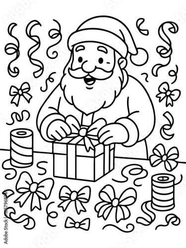 Festive Gift-Giving: A jolly figure carefully adorns a gift box with a ribbon amid swirling decorative elements. 