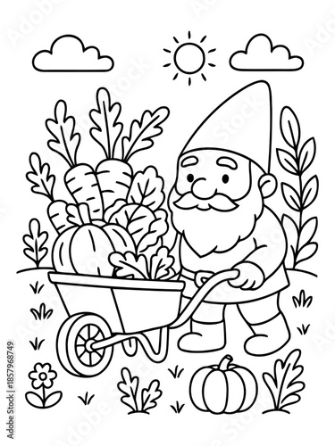 Garden Gnome with Wheelbarrow of Harvest: A cheerful garden gnome with a long, flowing beard pushing a wheelbarrow overflowing with freshly harvested vegetables under a bright sun. 