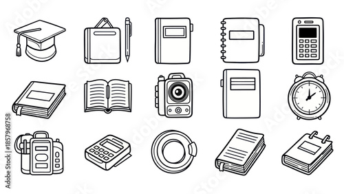 Collection of black and white education and office icons in flat design