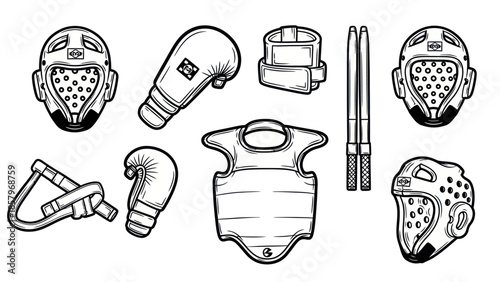 Boxing and martial arts equipment in black and white vector illustration