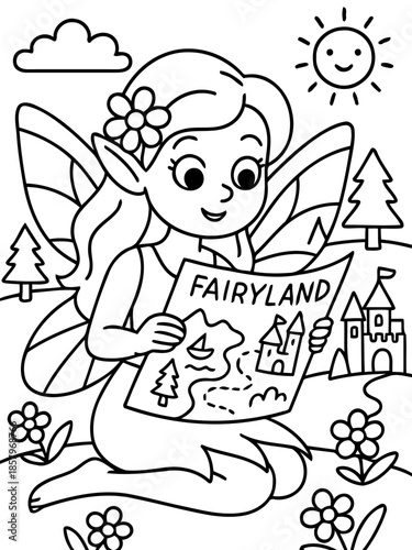 Fairyland Explorer: A whimsical illustration of a fairy gazing at a map that leads to Fairyland, envisioning enchanting adventures.