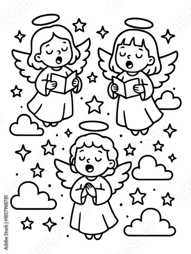 Celestial Trio: A charming monochrome depiction of three angelic figures, serenading with heavenly song and a touch of serene simplicity. 