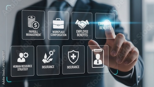 Closeup Businessman Hand selecting employee benefits icon on digital HR interface, representing payroll management, workplace compensation, insurance, and human resource strategy