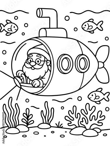 Santa's Submarine Adventure: A whimsical illustration depicts Santa Claus navigating a submarine beneath the ocean's surface, accompanied by playful fish and underwater plants.