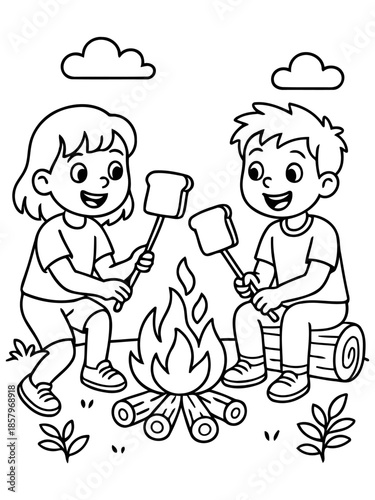 Campfire Companions: Two smiling kids roast marshmallows around a crackling campfire, capturing the essence of outdoor adventures and childhood delight.