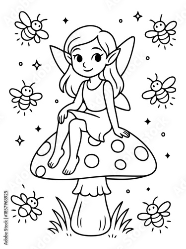 Fairy's Mushroom Throne: A whimsical illustration depicts a charming fairy, perched gracefully atop a spotted mushroom, surrounded by radiant fireflies in a magical fairy-tale setting.