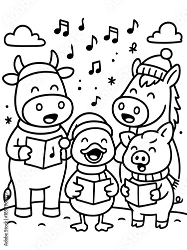 Christmas Carols by Farm Animals: Four cheerful farm animals united in harmony, merrily singing Christmas carols beneath a whimsical flurry of snowflakes and musical notes, bringing festive spirit.
