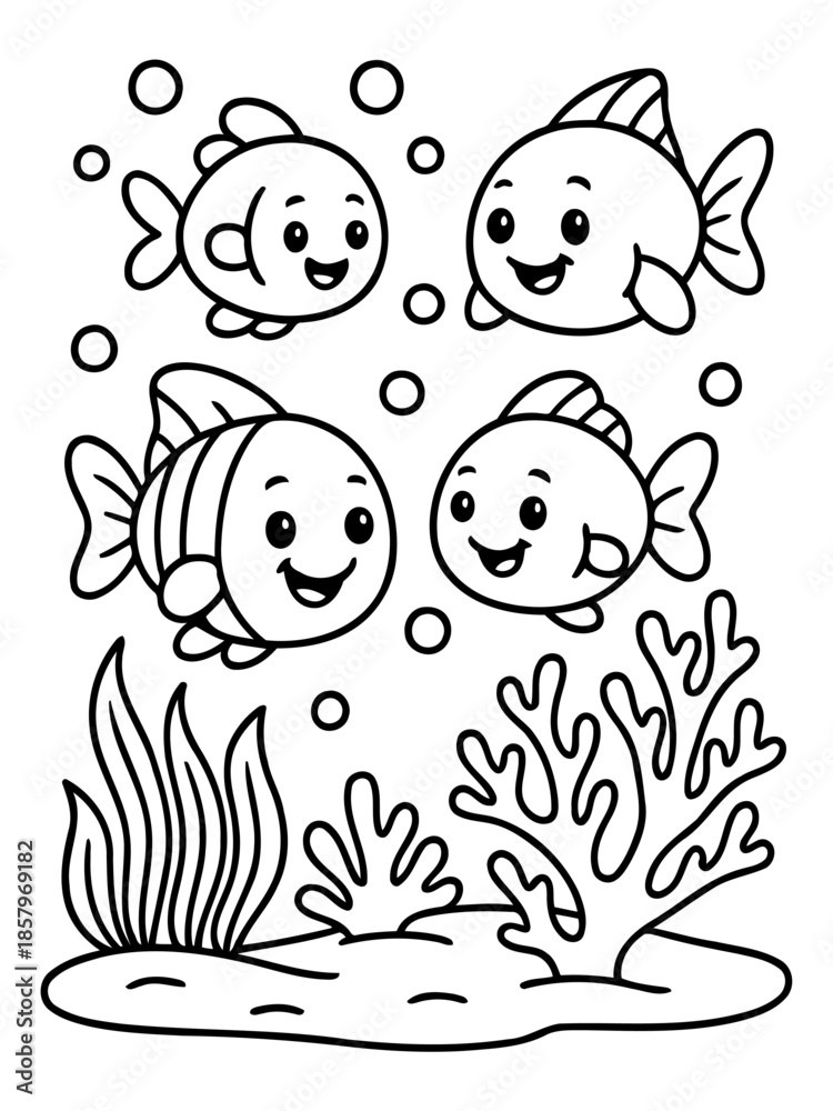 Fototapeta premium Underwater Wonderland: An illustration depicts a scene of four adorable fish swimming in an aquatic environment, accompanied by bubbles, seaweed, and coral, all in charming cartoon style.