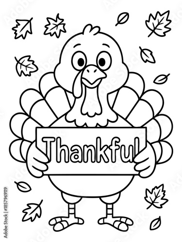 Thanksgiving Turkey's Gratitude: A charming turkey cheerfully presents a sign that reads Thankful, surrounded by autumnal leaves, evoking the warmth of the holiday season and appreciation.