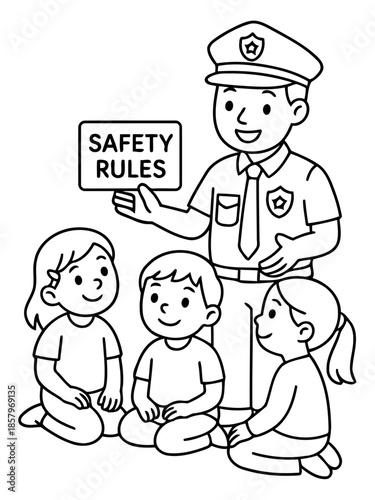 Safety Rules Education: A friendly officer educates a group of attentive children about safety, fostering a sense of responsibility and care within a community.