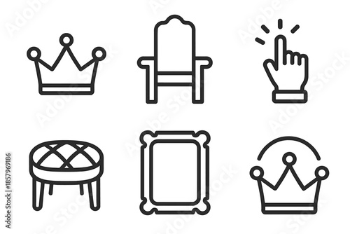 Royal Rule Icons. Line style icons of Royal Rule Scene: crown trace, throne stance, ruling sign, padded seat, frame bend, glow arc