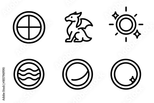 Bravedrake Shield Icon. Line style icons of Bravedrake Shield: rounded shield, small drake form, courage shine, scale ripple, rim