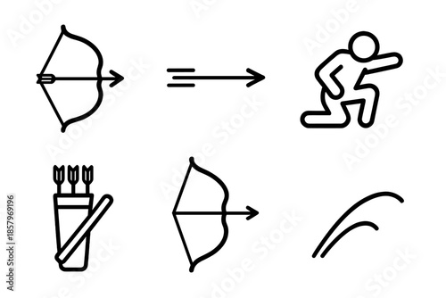 Hunter Bow Icons. Line style icons of Hunter Bow Draw: drawn bow outline, flying arrow, tracker pose, quiver trace, limb curve,