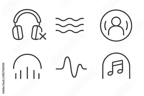Sonic Serenity Icons. Quiet sonic bubble: Line style icons of noise-cancel headset, calm waves, soothing tones, isolation field,