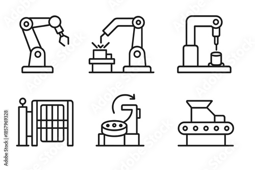 Automated Factory Icons. Line style icons of automated factory systems: assembly arm, welding unit, inspection probe, rotating