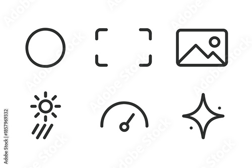 Line Style Camera Icons. Scene shot extraction: Line style icons of lens circle, scene box, photo beam, exposure arc, clarity mark