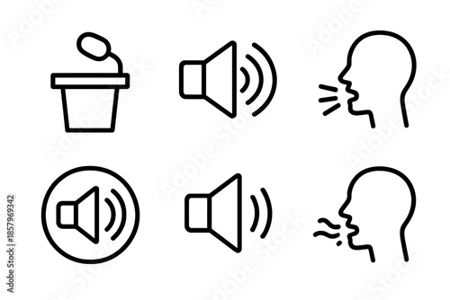 Line Style Sound Icons. Speech volume boost: Line style icons of podium mic, loud arcs, announcement beam, echo circle, sound