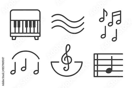 Classical Piano Icons. Classical key harmony: Line style icons of classical piano, smooth waves, melodic symbols, chord arcs, tone