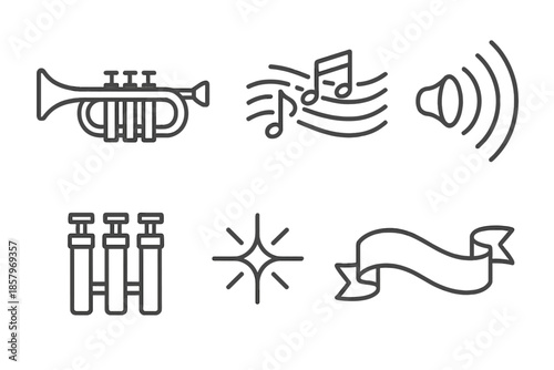 Melodic Brass Icons. Brass melody flow: Line style icons of brass trumpet, flowing notes, resonance arcs, valve block, tone spark,