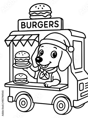 Dog chef in the burger truck: A cheerful canine chef proudly serves fresh, juicy burgers from his mobile food truck, ready to delight your appetite.