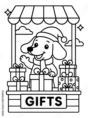 Holiday Pup Shop: A festive illustration of a cheerful pup, warmly dressed for winter, standing proudly behind a charming gift stand. The pup is ready to spread holiday joy.