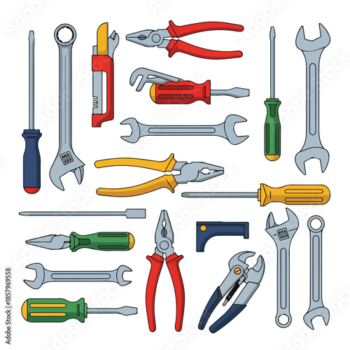 Set of colorful tools and hardware repair equipment.