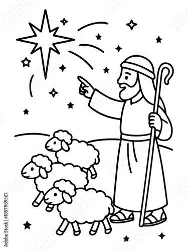 Shepherd's Guiding Light: A serene black and white illustration depicts a shepherd and sheep drawn to the bright star, evoking themes of faith and guidance.