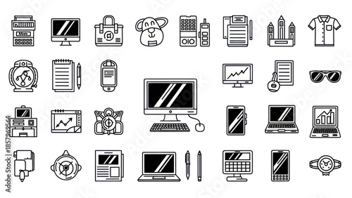 Collection of business and technology icons in black and white style