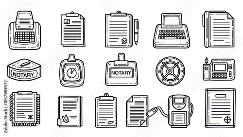 Collection of business and office equipment line art illustrations