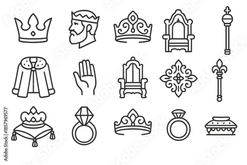 Royal Accessories Icons. Line style icons of Royal Accessories Set: crown, king’s head, golden jewels, scepter, royal robe, hand