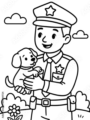 Police Officer and Puppy: A kind police officer in uniform cradles a cute puppy, radiating trust and compassion. capturing the essence of care and guardianship.