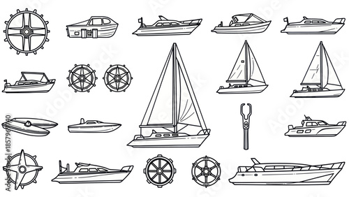 Collection of boat illustrations in various designs for transportation concepts