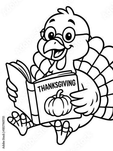 Thanksgiving Turkey: A cartoon turkey with glasses, engrossed in reading a book with Thanksgiving written on the cover, celebrating the festive spirit with book and pumpkin. 