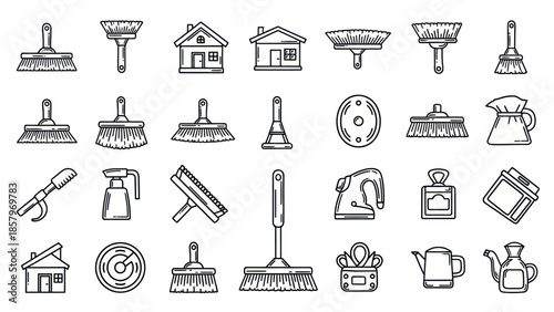 Collection of cleaning tools and house elements vector illustration set
