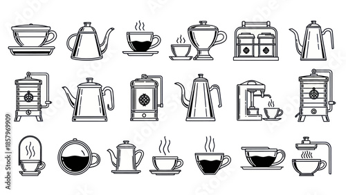 Collection of coffee cups and pots design elements in clean vector style