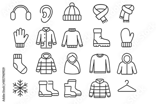 Cold Weather Icons. Line style icons of cold weather gear: Earmuff, Ear, Winter, Hat, Beanie, Scarf, Gloves, Coat, Sweater, Boots,
