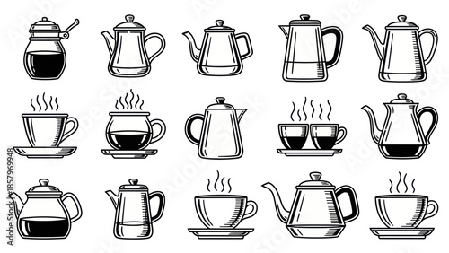 Collection of coffee pots and cups in black and white line art