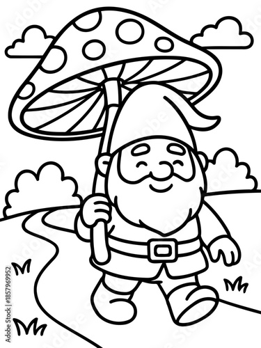 Gnome's Gentle Stroll: A charming illustration depicts a whimsical garden gnome, taking a leisurely stroll with a mushroom umbrella, with a road
