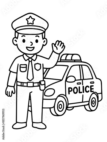 Law Enforcement Companion: A friendly officer in uniform, stands confidently next to a police car, waving hello, ready to serve and protect the community.
