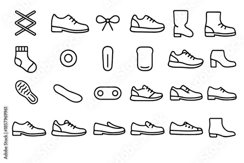 Shoe Line Icons. Line style icons of casual shoes: Lace, Shoe, Tie, Sneaker, Boot, Sock, Eyelet, Aglet, Tongue, Heel, Sole, Insole