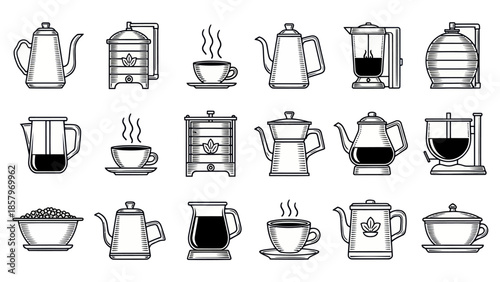 Collection of coffee related appliances and serving items illustrations