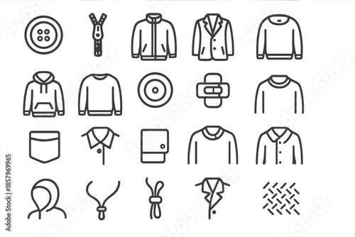 Outerwear Icons Collection. Line style icons of outerwear details: Button, Zip, Jacket, Coat, Hoodie, Sweater, Snap, Clasp, Pocket