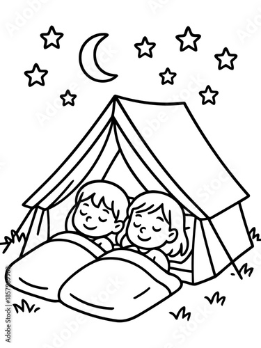 Camping Under the Stars: Two kids nestled snug within a tent, sleeping peacefully under a crescent moon and twinkling stars, capturing the tranquility of the night.