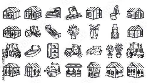 Collection of greenhouse and farming equipment vector illustrations