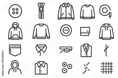 Clothing Icon Essentials. Line style icons of clothing essentials: Button, Zip, Jacket, Coat, Hoodie, Sweater, Snap, Clasp, Pocket
