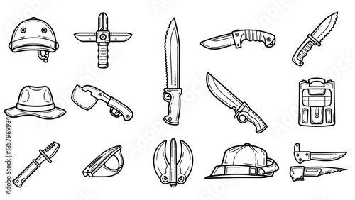 Collection of hand drawn adventure tools hats knives axes and more